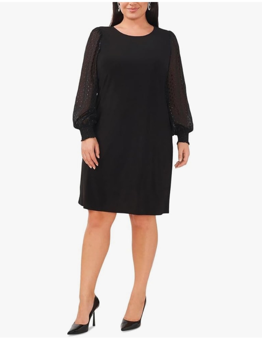 MSK Black Long Sleeve Shift Dress with Sheer Dotted Balloon Sleeves